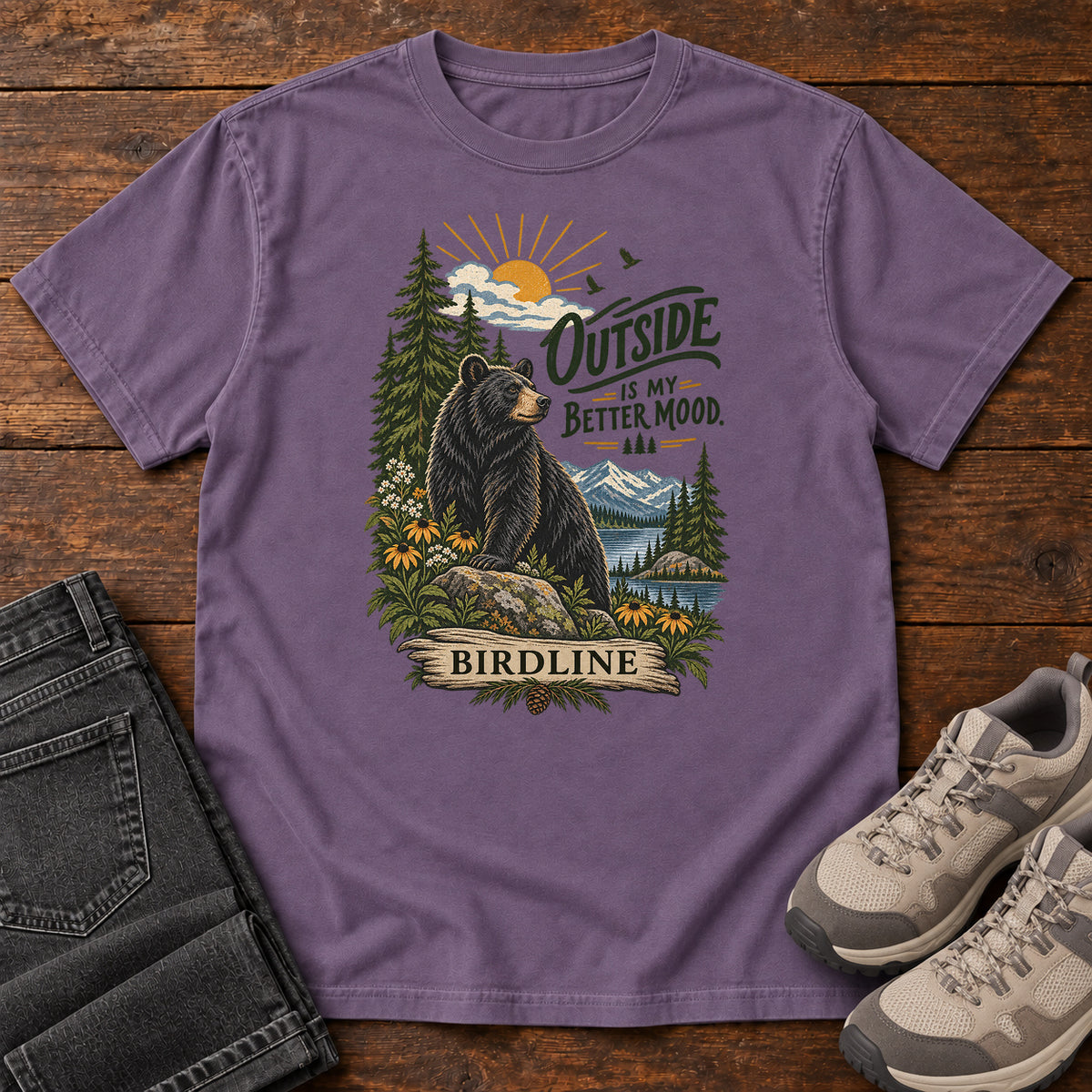 Outside Is My Better Mood Bear T-Shirt in Grape