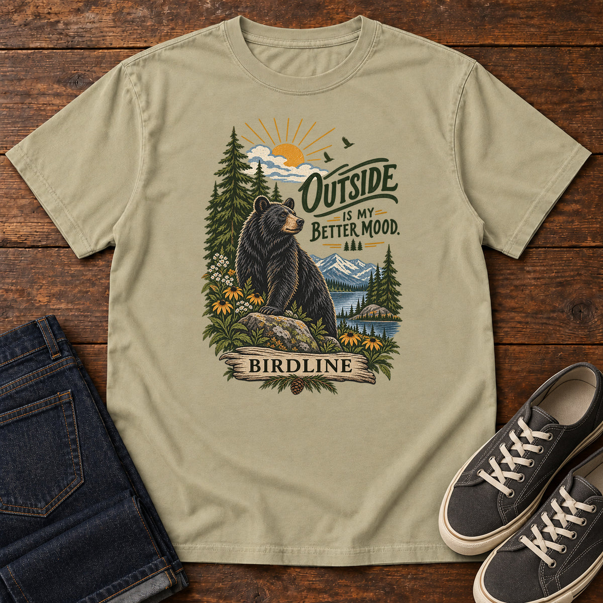 Outside Is My Better Mood Bear T-Shirt in Khaki