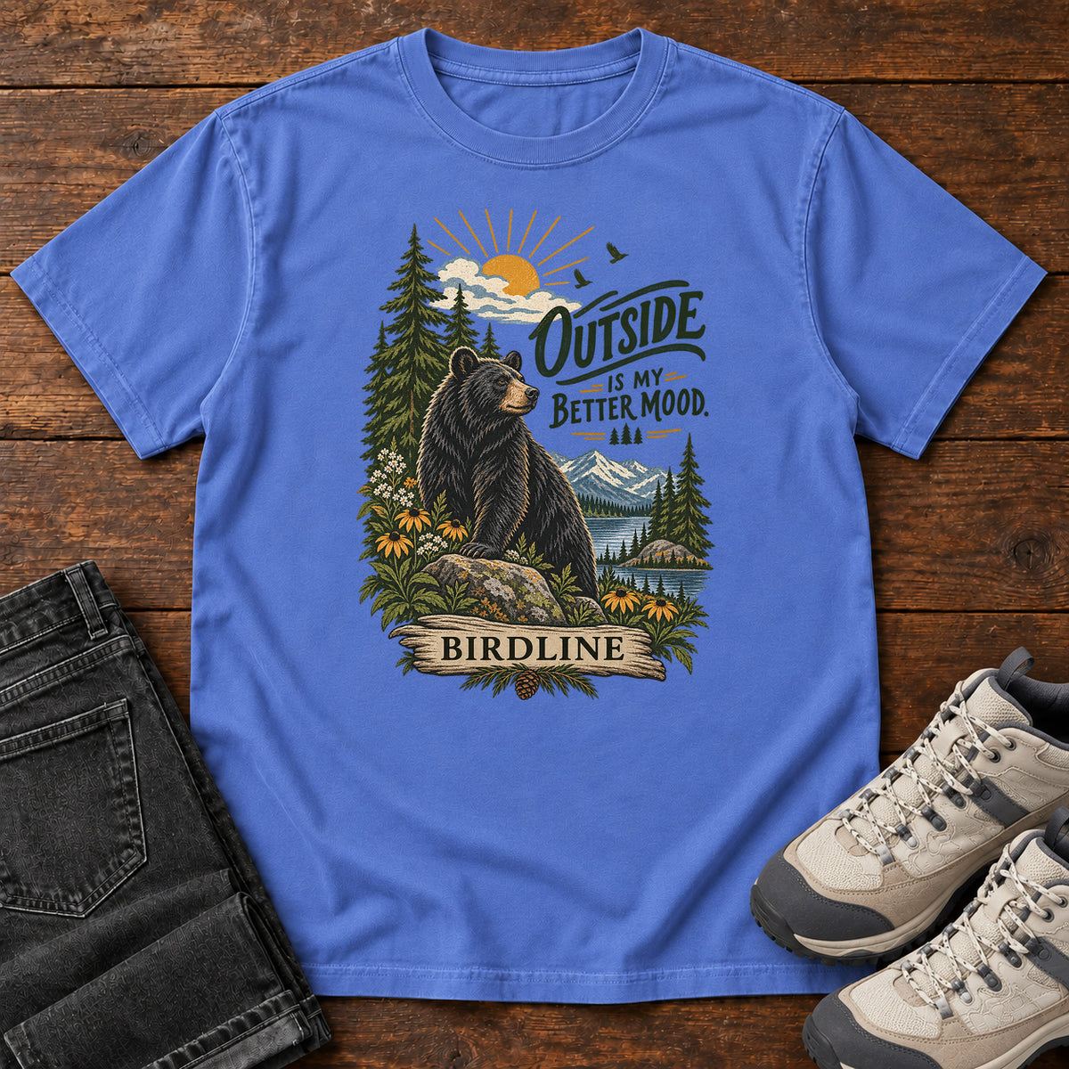 Outside Is My Better Mood Bear T-Shirt in Mystic Blue
