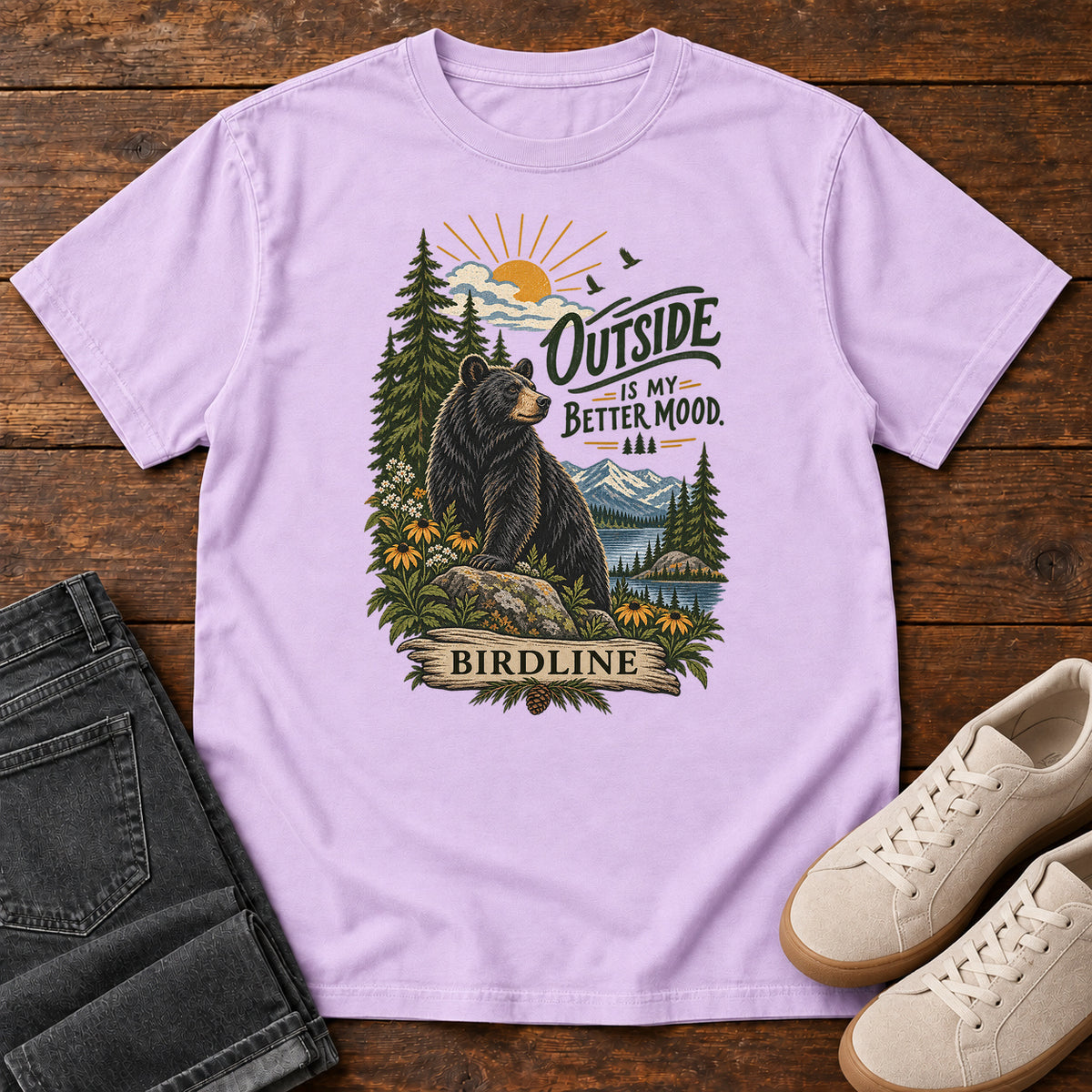 Outside Is My Better Mood Bear T-Shirt in Orchid