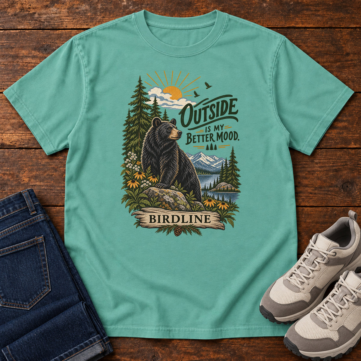 Outside Is My Better Mood Bear T-Shirt in Seafoam