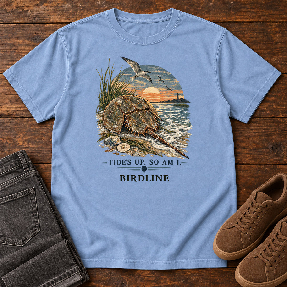 Tides Up Horseshoe Crab T-Shirt in Washed Denim