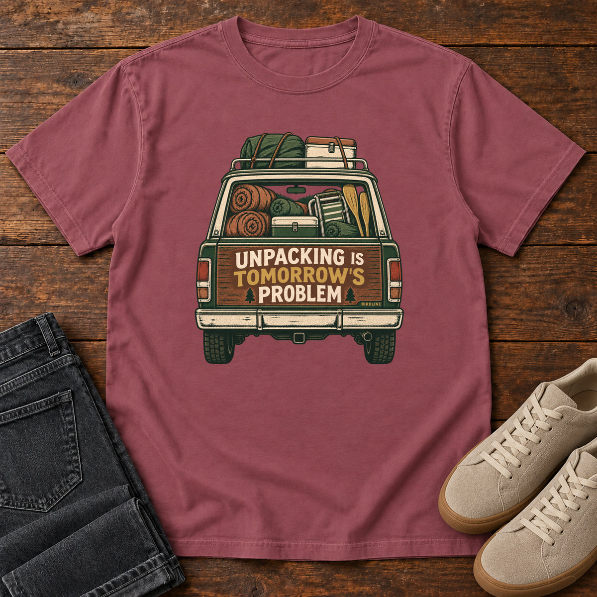 Unpacking Is Tomorrow's Problem T-Shirt in Brick, front view