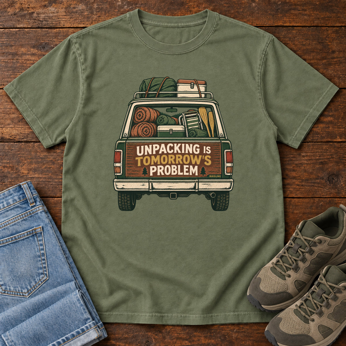 Unpacking Is Tomorrow's Problem T-Shirt in Moss, front view