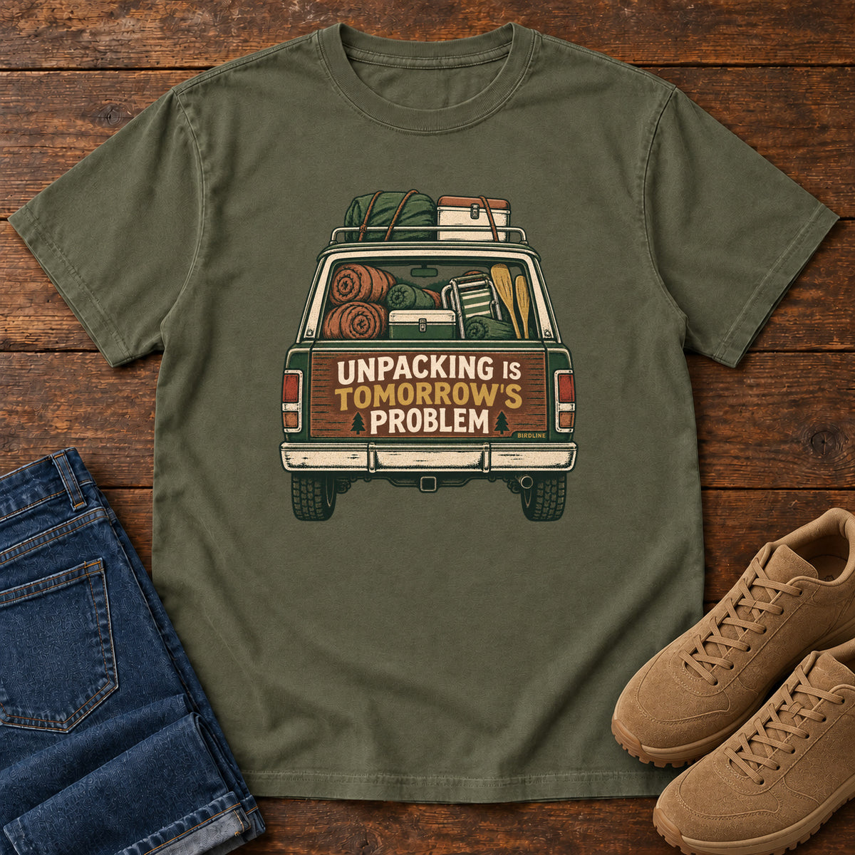 Unpacking Is Tomorrow's Problem T-Shirt in Sage, front view