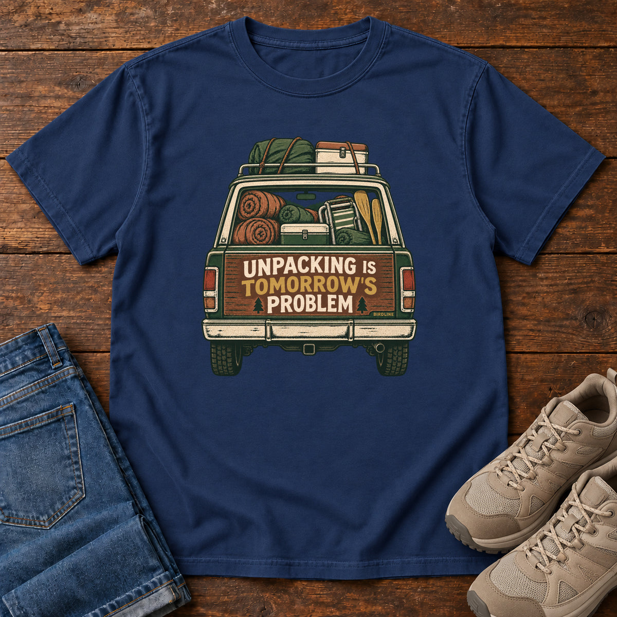 Unpacking Is Tomorrow's Problem T-Shirt in True Navy, front view