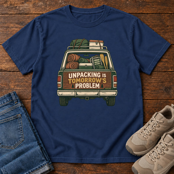 Unpacking Is Tomorrow's Problem T-Shirt in True Navy, front view