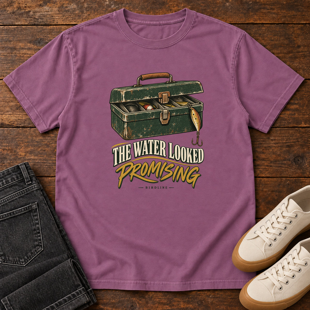 The Water Looked Promising T-Shirt in Berry, front view