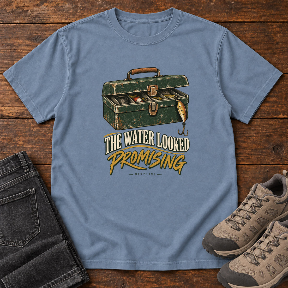 The Water Looked Promising T-Shirt in Blue Jean, front view