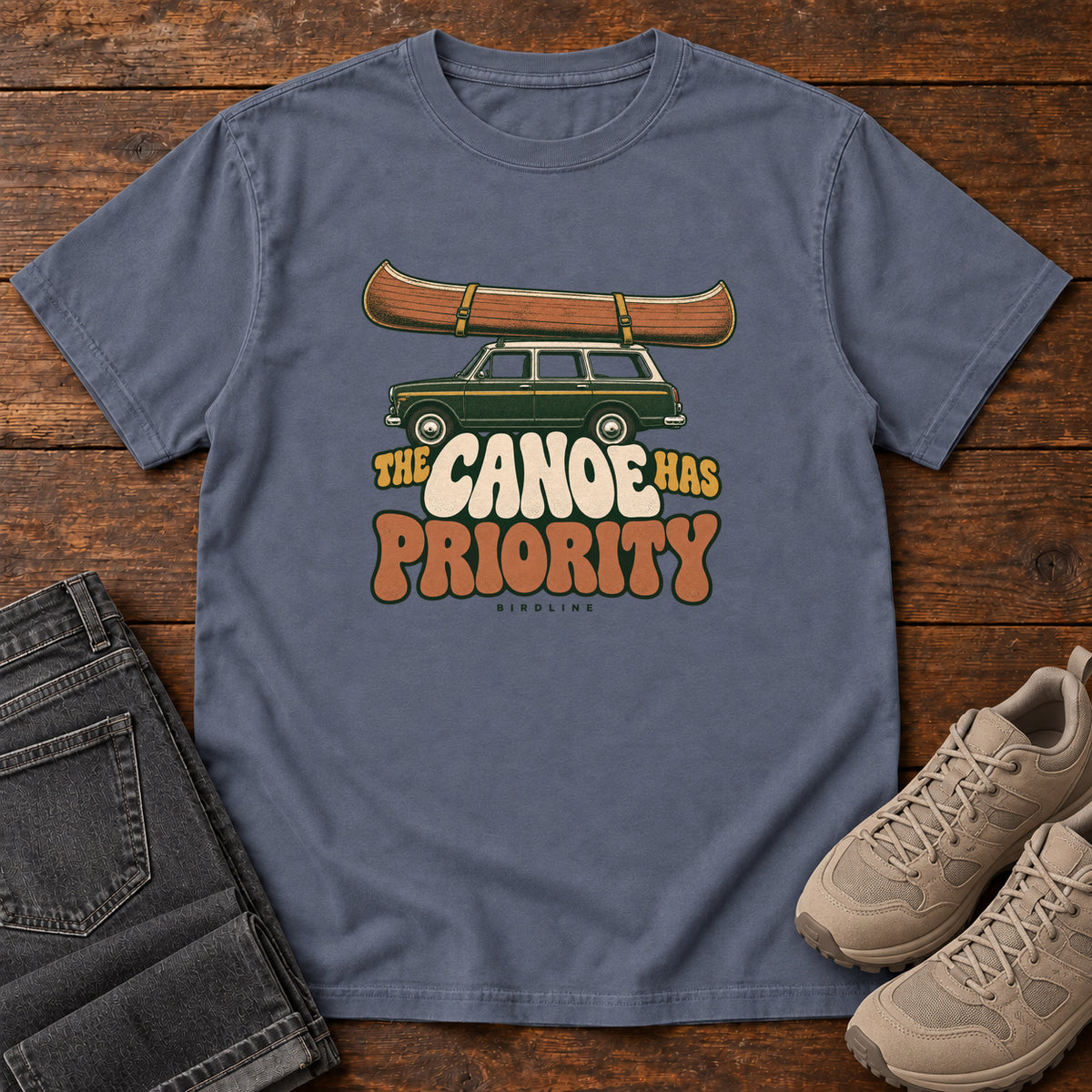 The Canoe Has Priority T-Shirt in Denim, front view