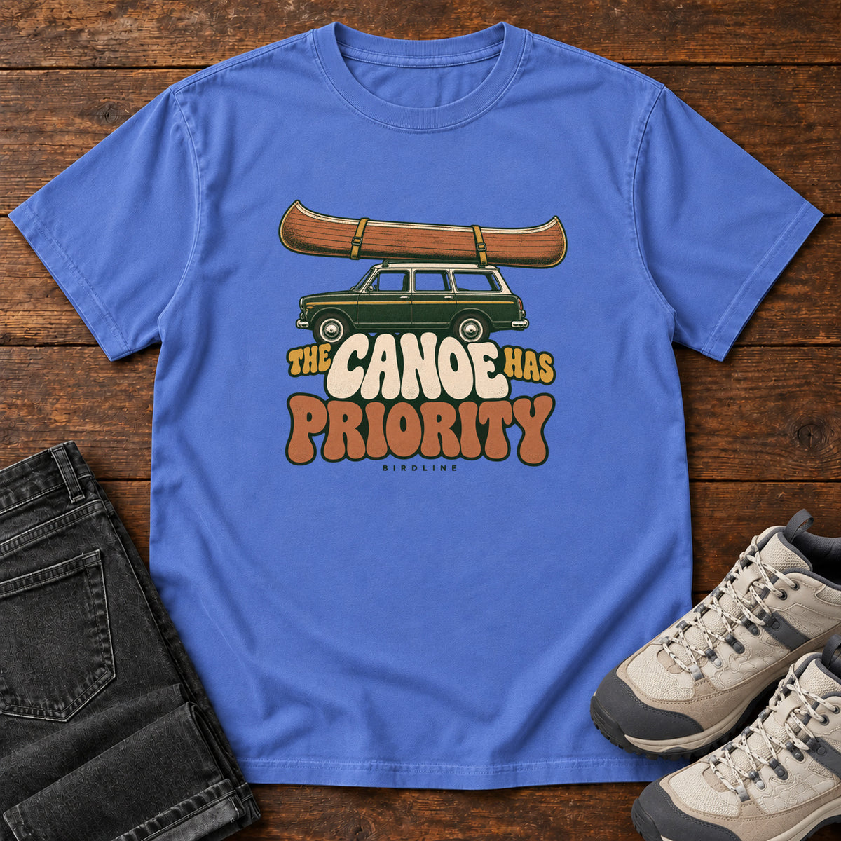 The Canoe Has Priority T-Shirt in Mystic Blue, front view