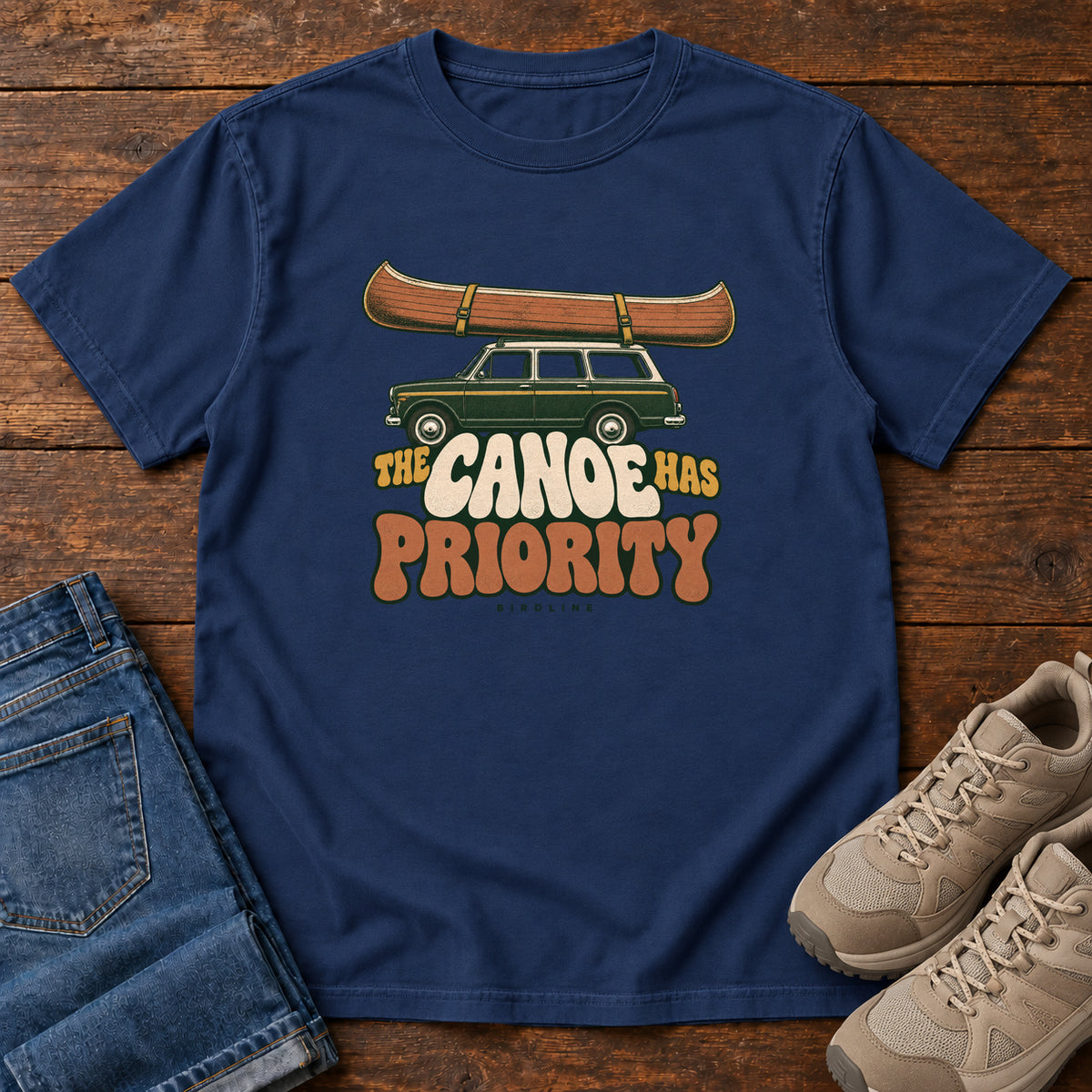 The Canoe Has Priority T-Shirt in True Navy, front view