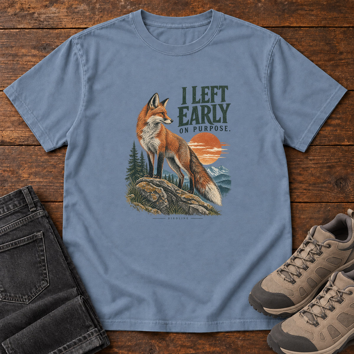 I Left Early on Purpose Fox T-Shirt in Blue Jean, left side