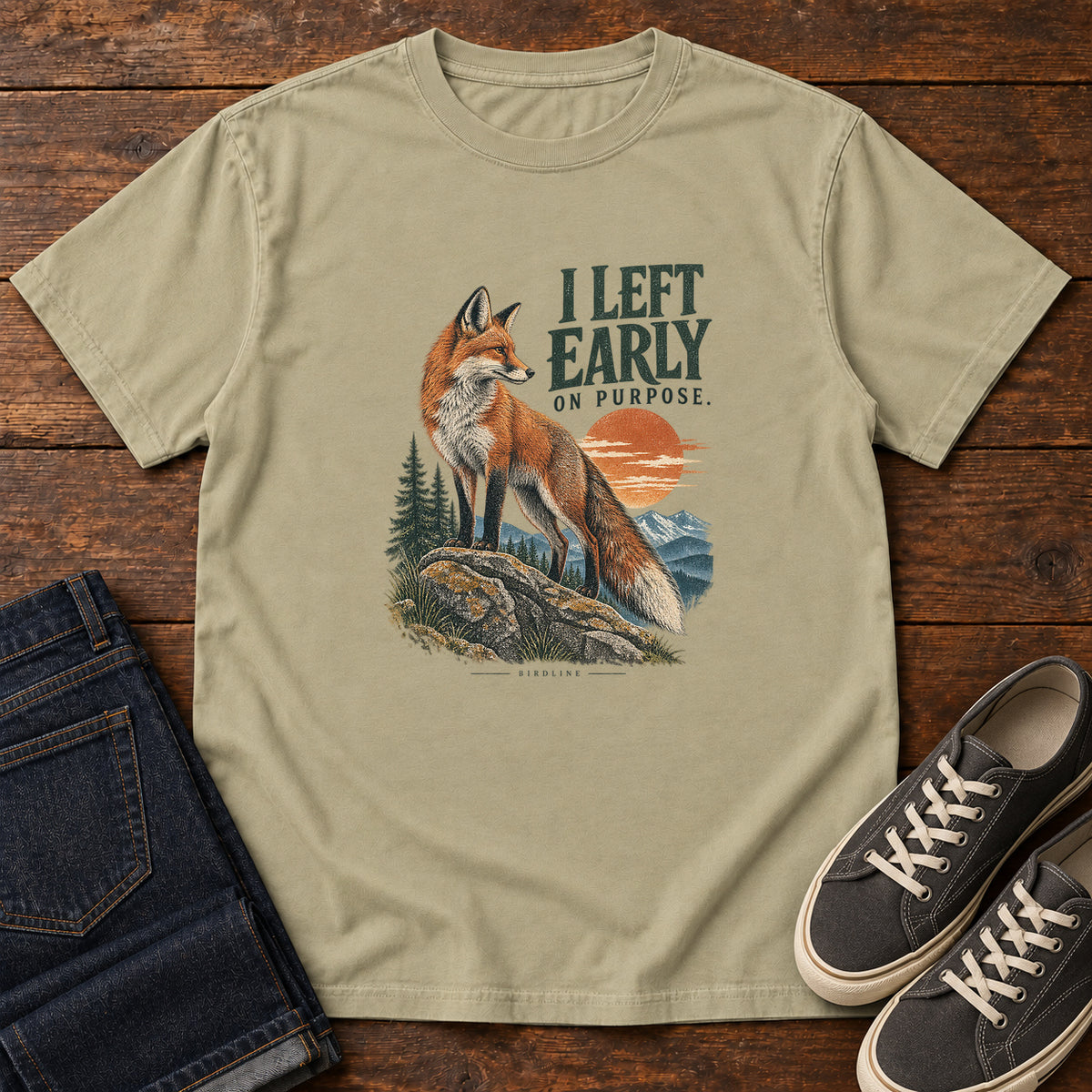 I Left Early on Purpose Fox T-Shirt in Khaki, left side