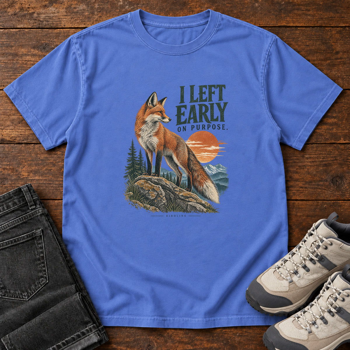 I Left Early on Purpose Fox T-Shirt in Mystic Blue, left side