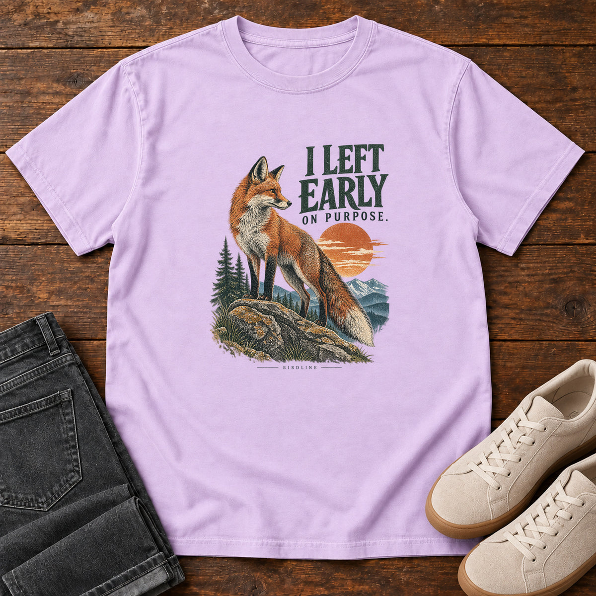 I Left Early on Purpose Fox T-Shirt in Orchid, left side