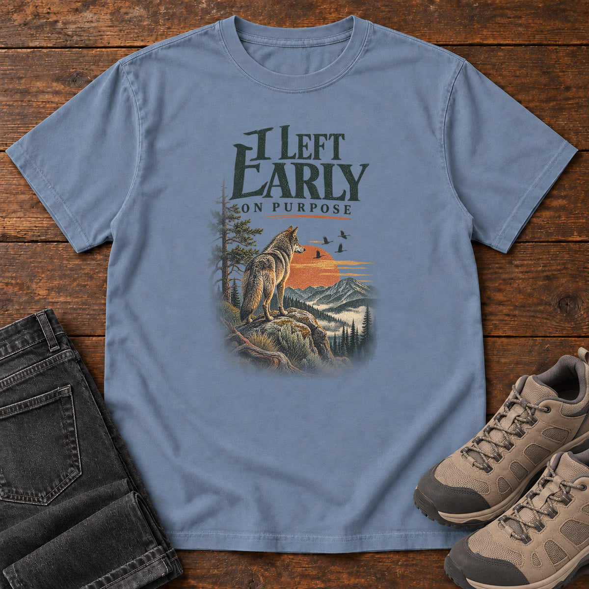 I Left Early on Purpose Coyote T-Shirt in Blue Jean, left side