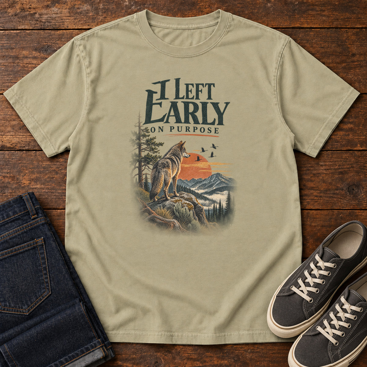 I Left Early on Purpose Coyote T-Shirt in Khaki, left side