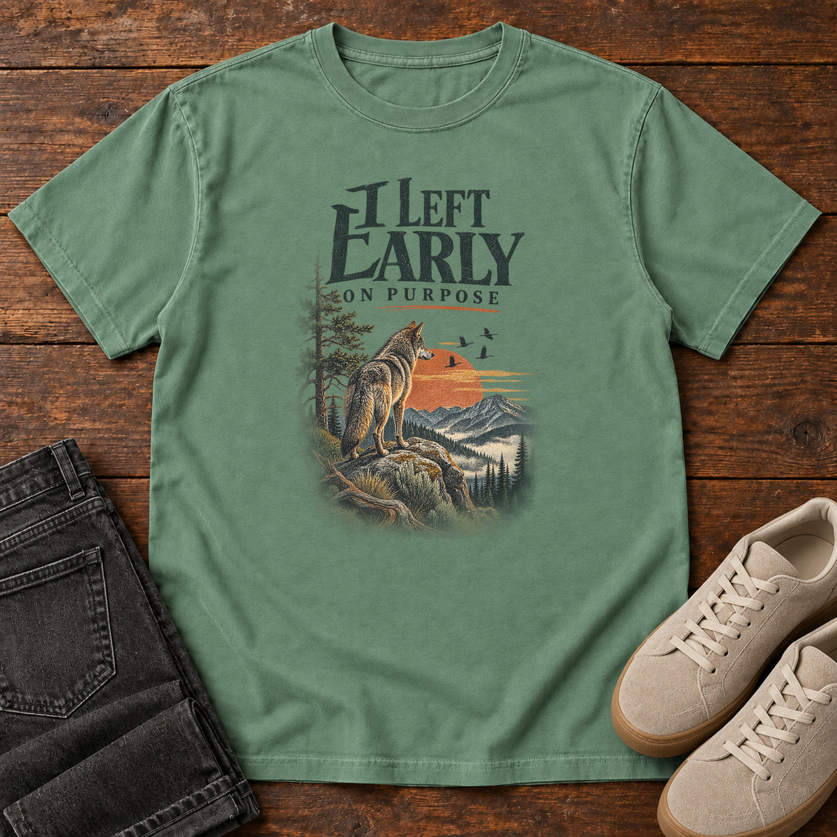 I Left Early on Purpose Coyote T-Shirt in Light Green, left side