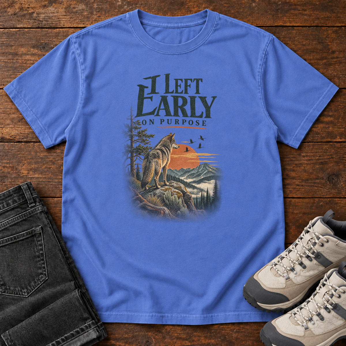 I Left Early on Purpose Coyote T-Shirt in Mystic Blue, left side