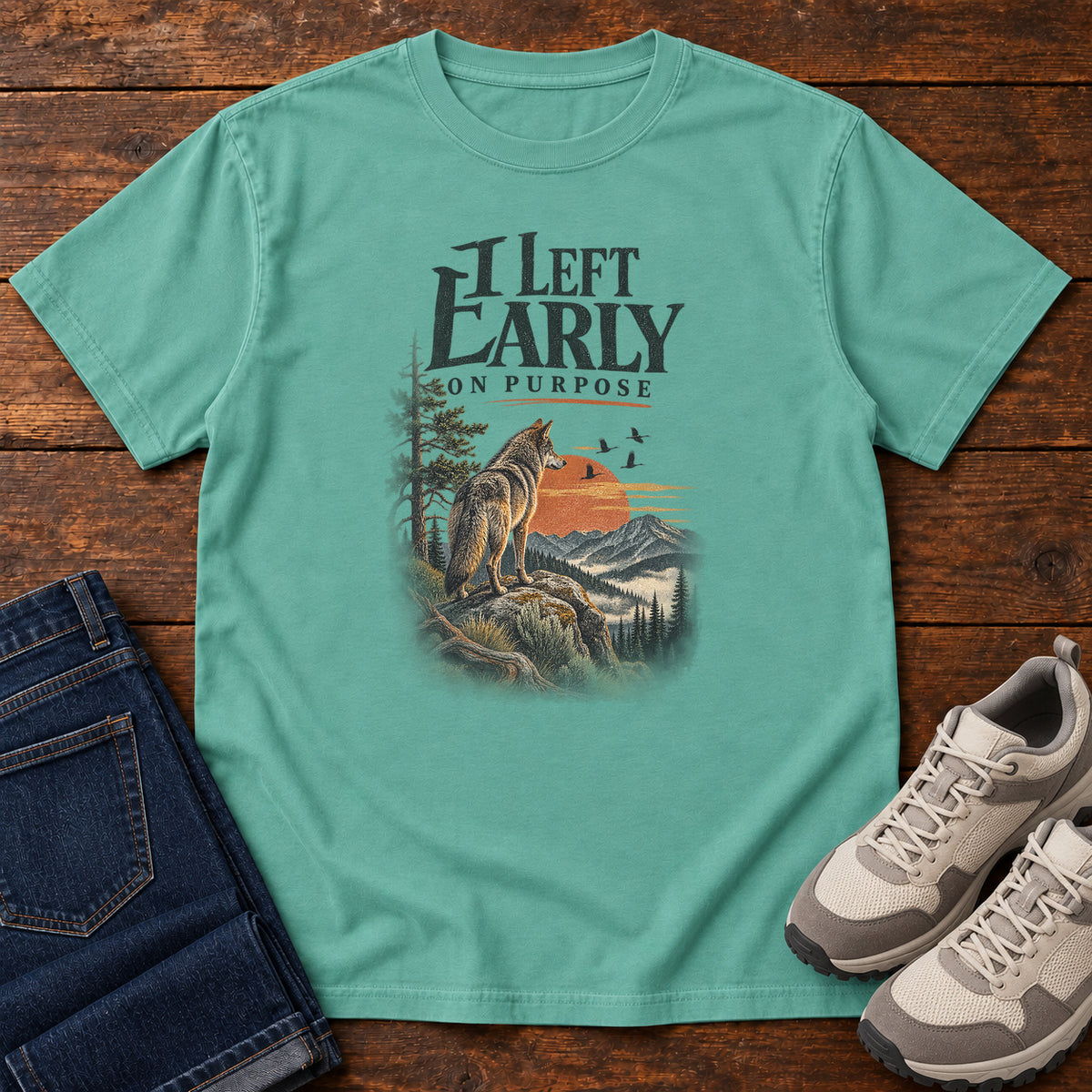 I Left Early on Purpose Coyote T-Shirt in Seafoam, left side