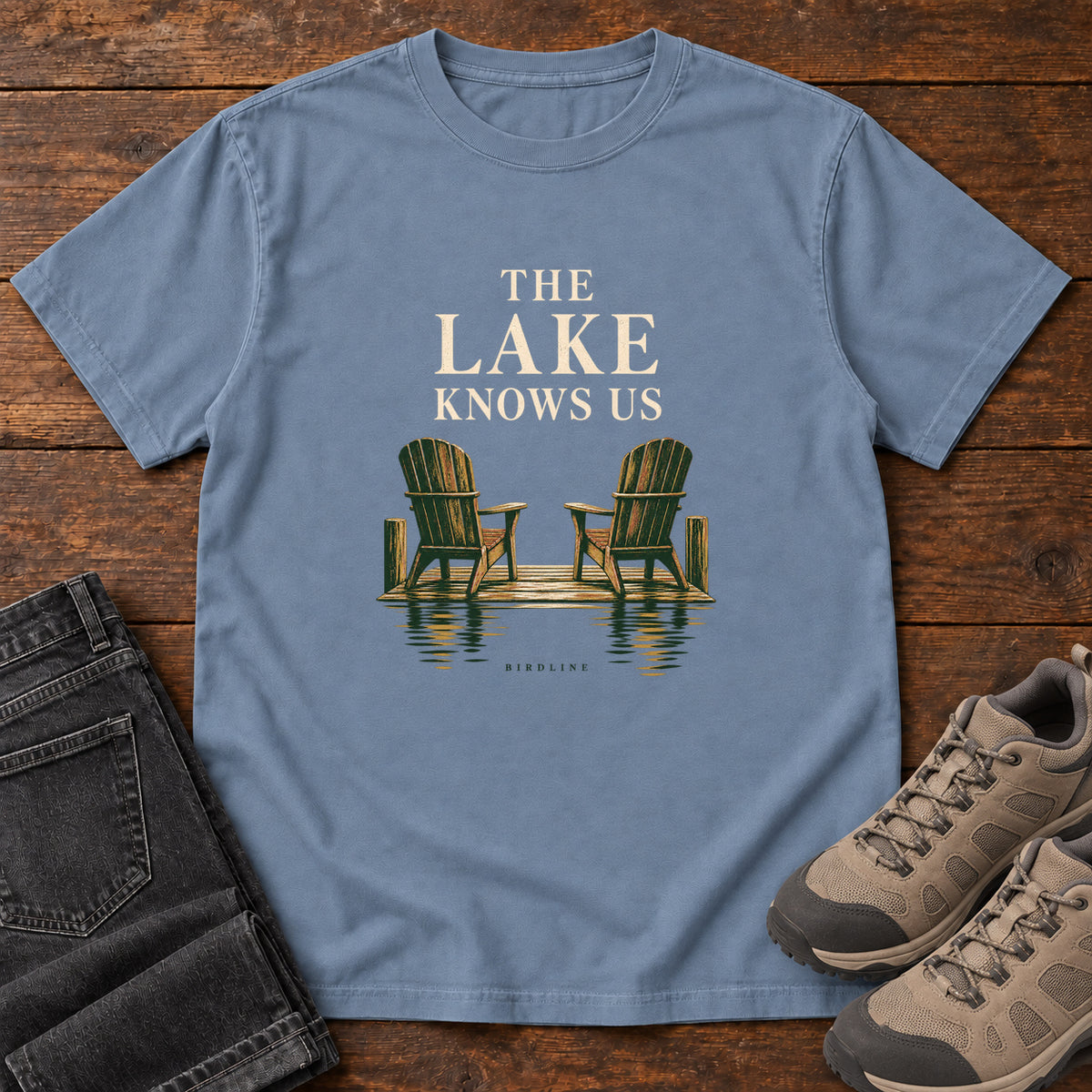 The Lake Knows Us T-Shirt in Blue Jean, front view