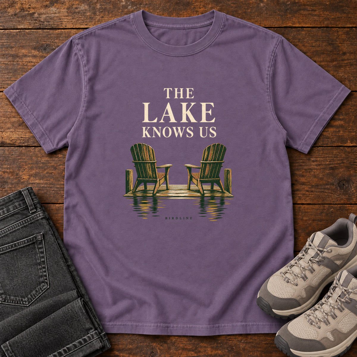The Lake Knows Us T-Shirt in Grape, front view