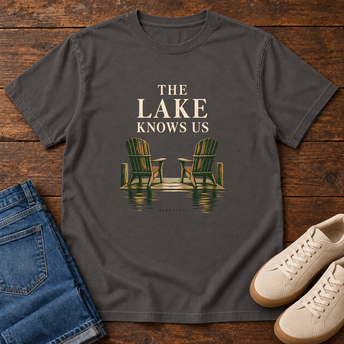The Lake Knows Us T-Shirt in Graphite, front view
