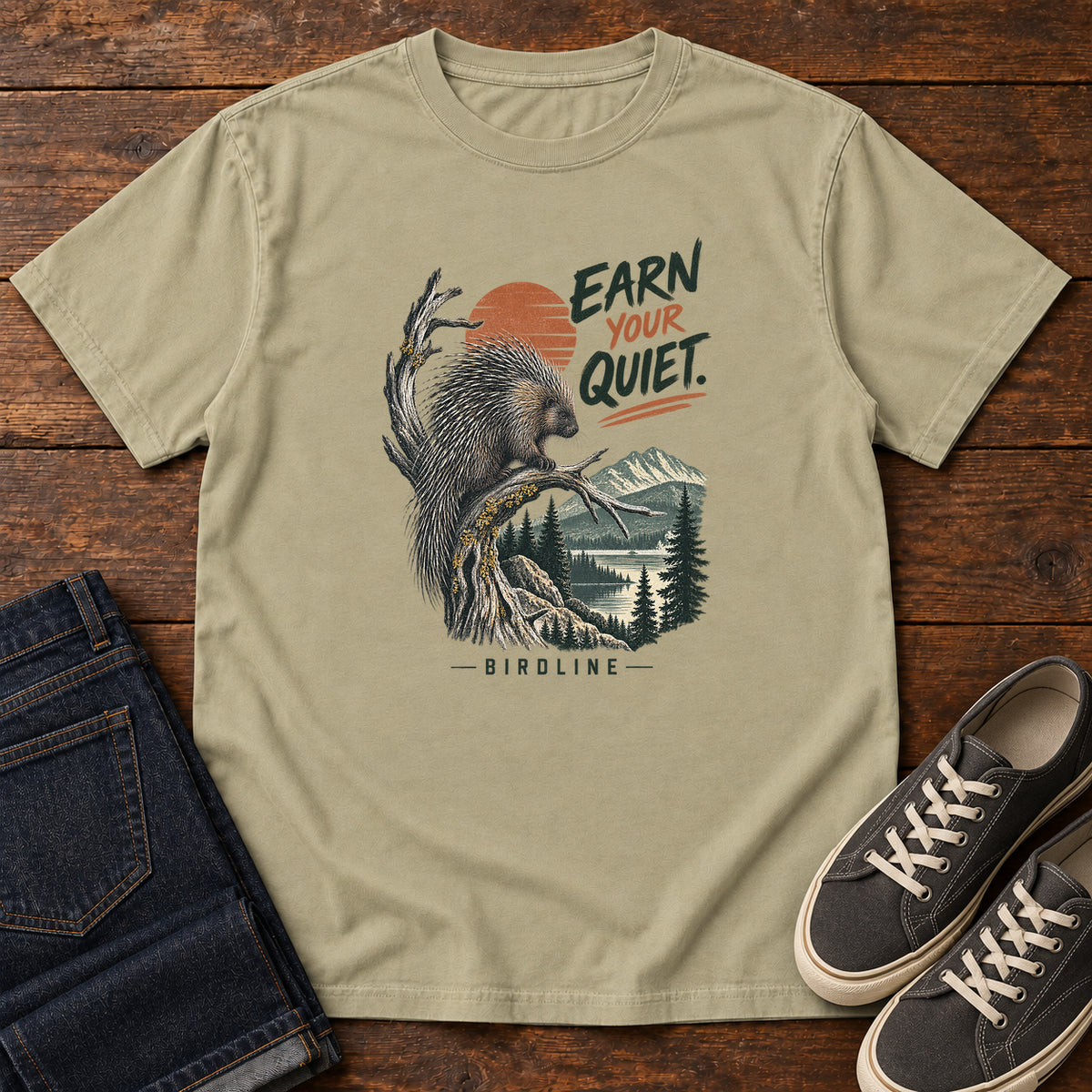 Earn Your Quiet Porcupine T-Shirt in Khaki