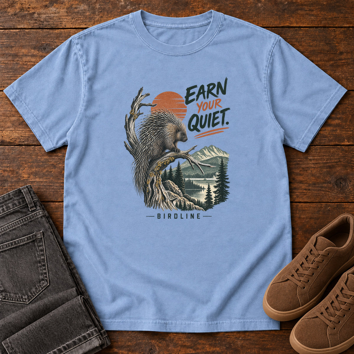 Earn Your Quiet Porcupine T-Shirt in Washed Denim