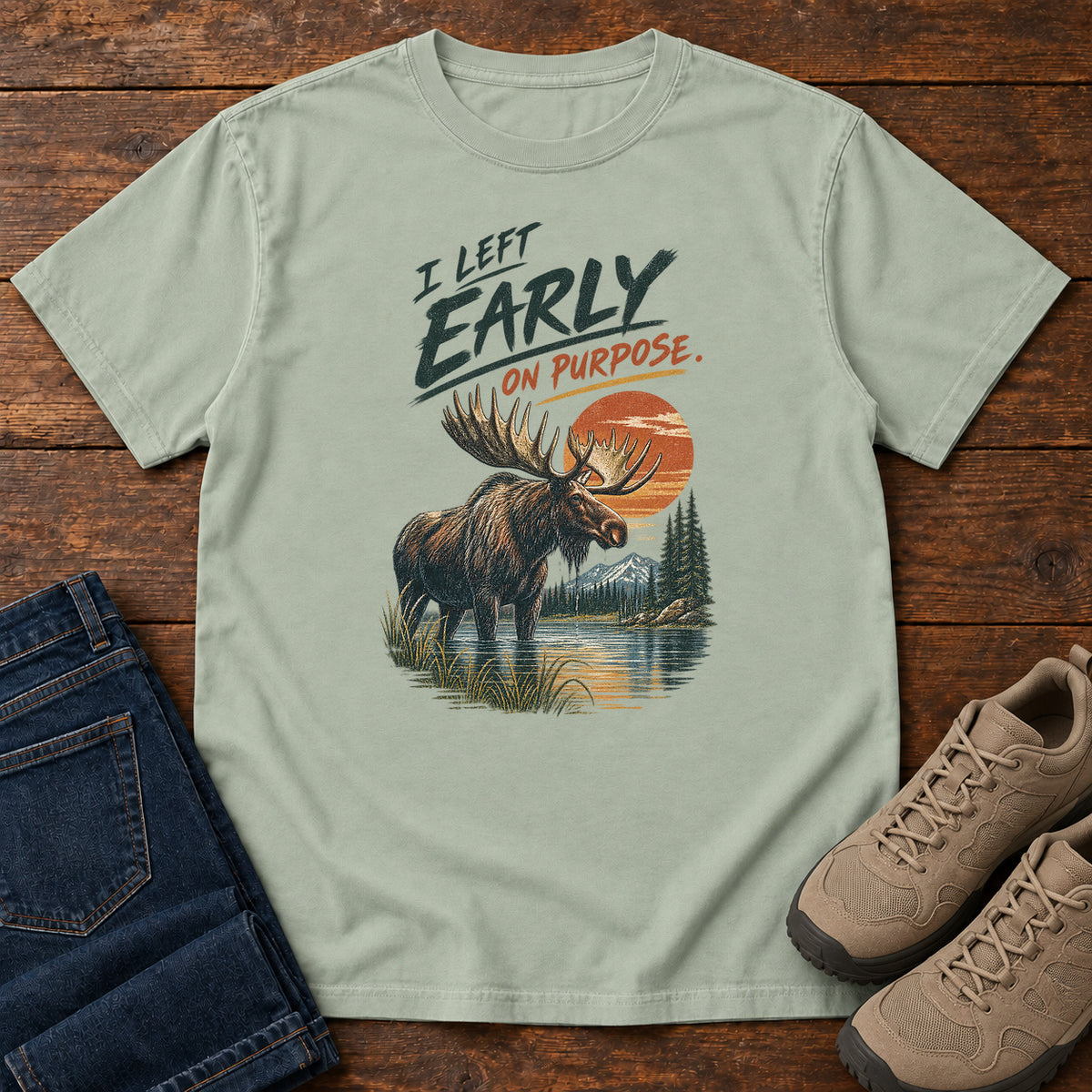 I Left Early on Purpose Moose T-Shirt in Bay, left side