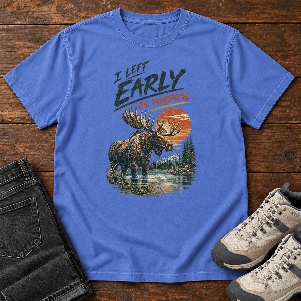 I Left Early on Purpose Moose T-Shirt in Mystic Blue, left side