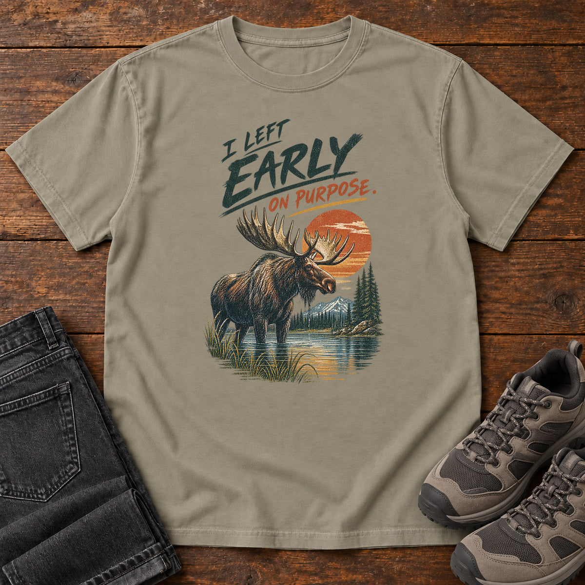 I Left Early on Purpose Moose T-Shirt in Sandstone, left side