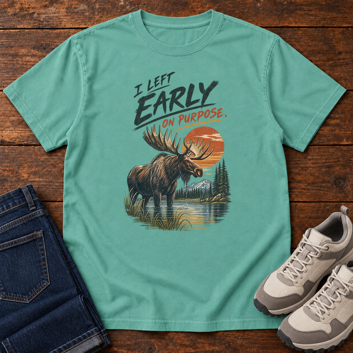 I Left Early on Purpose Moose T-Shirt in Seafoam, left side