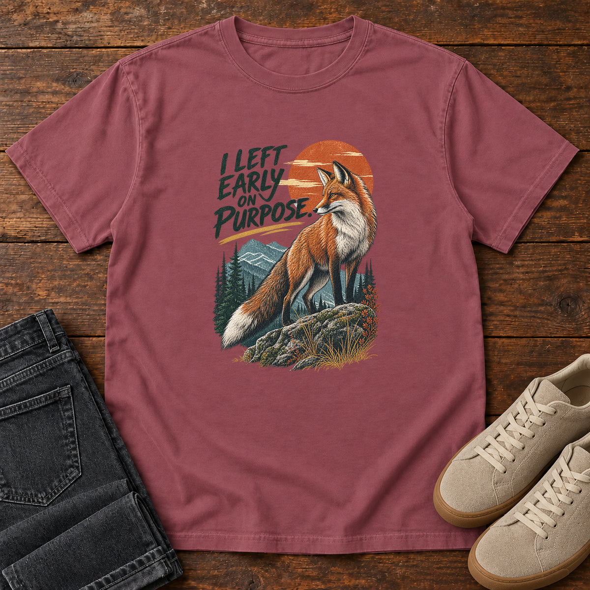 I Left Early on Purpose Fox T-Shirt – Sunset in Brick, left side
