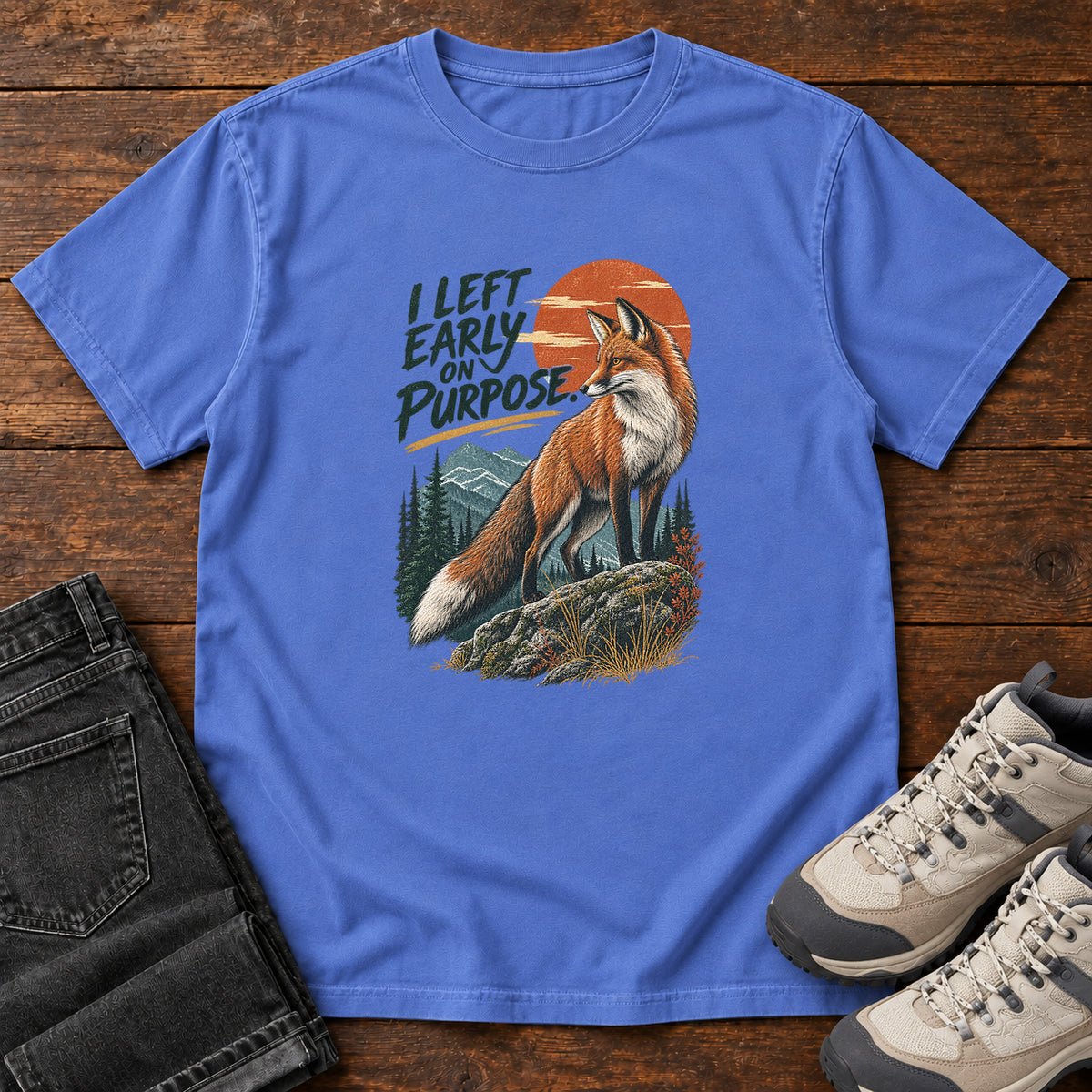 I Left Early on Purpose Fox T-Shirt – Sunset in Mystic Blue, left side