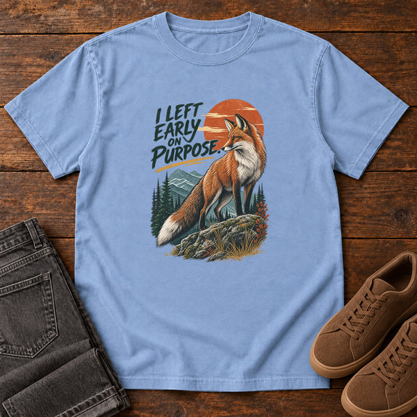 I Left Early on Purpose Fox T-Shirt – Sunset in Washed Denim, front view