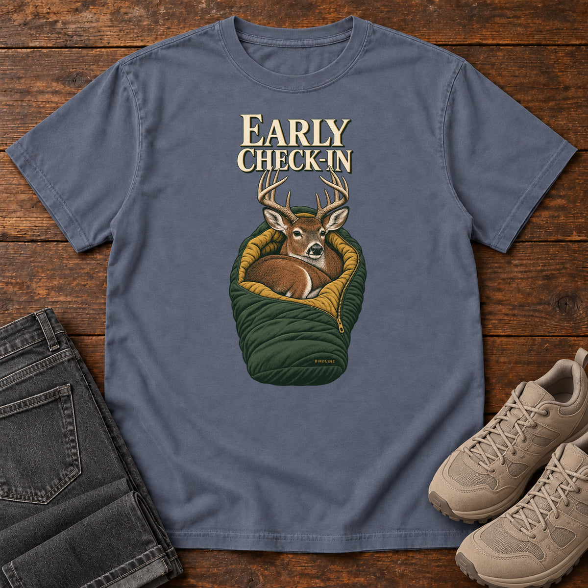 Early Check-In T-Shirt in Denim, front view