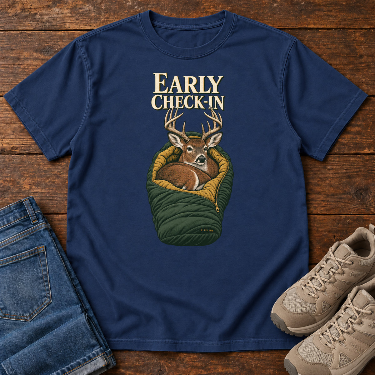 Early Check-In T-Shirt in True Navy, front view