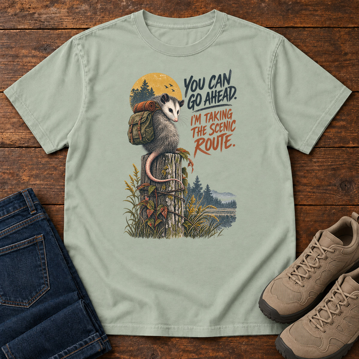 You Can Go Ahead I'm Taking the Scenic Route Opossum T-Shirt in Bay