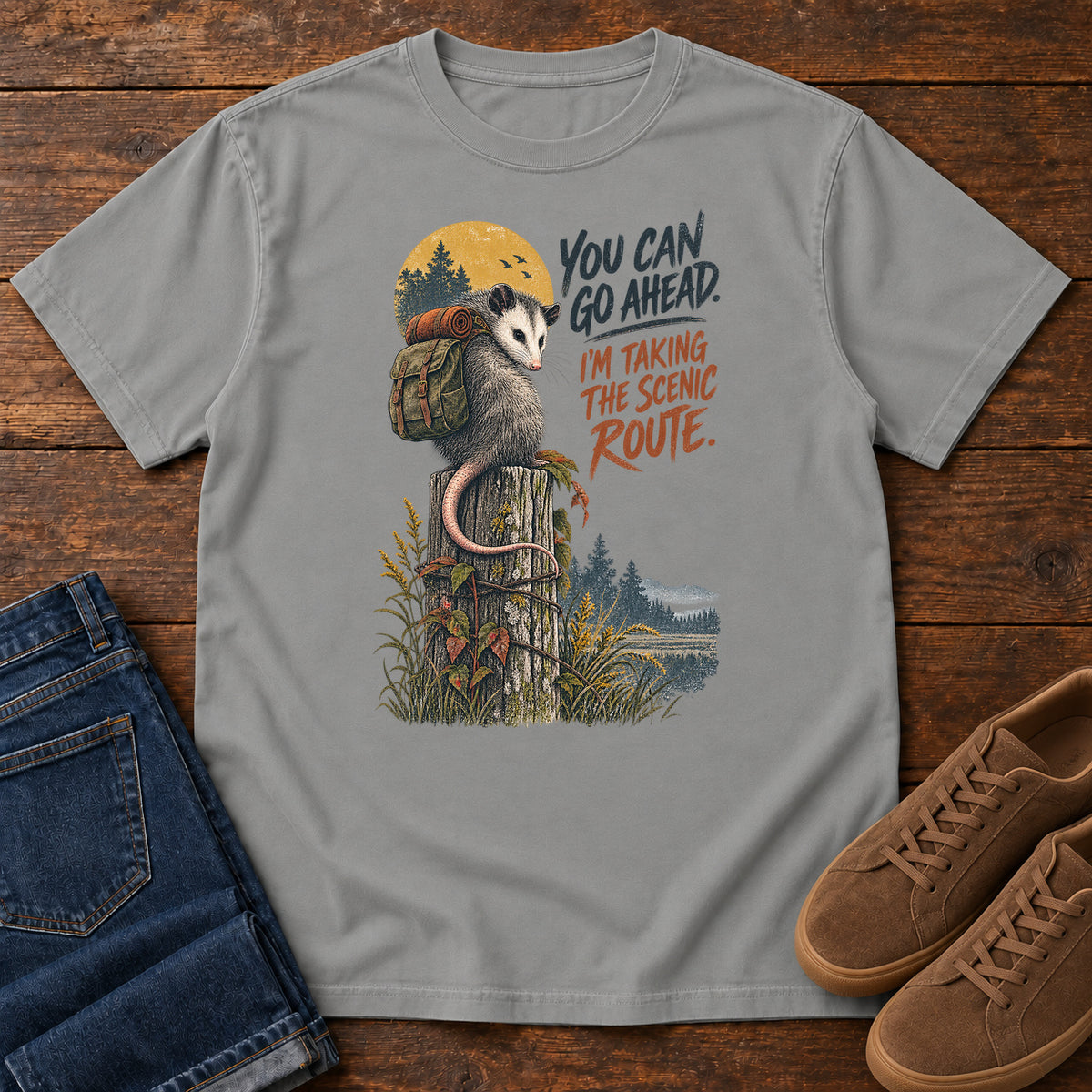 You Can Go Ahead I'm Taking the Scenic Route Opossum T-Shirt in Grey