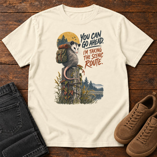 You Can Go Ahead I'm Taking the Scenic Route Opossum T-Shirt in Ivory, front view