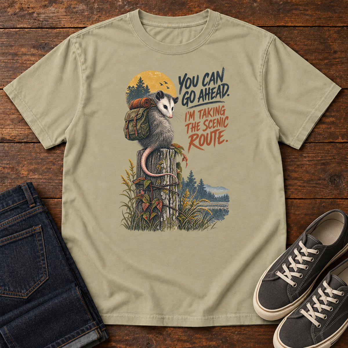 You Can Go Ahead I'm Taking the Scenic Route Opossum T-Shirt in Khaki