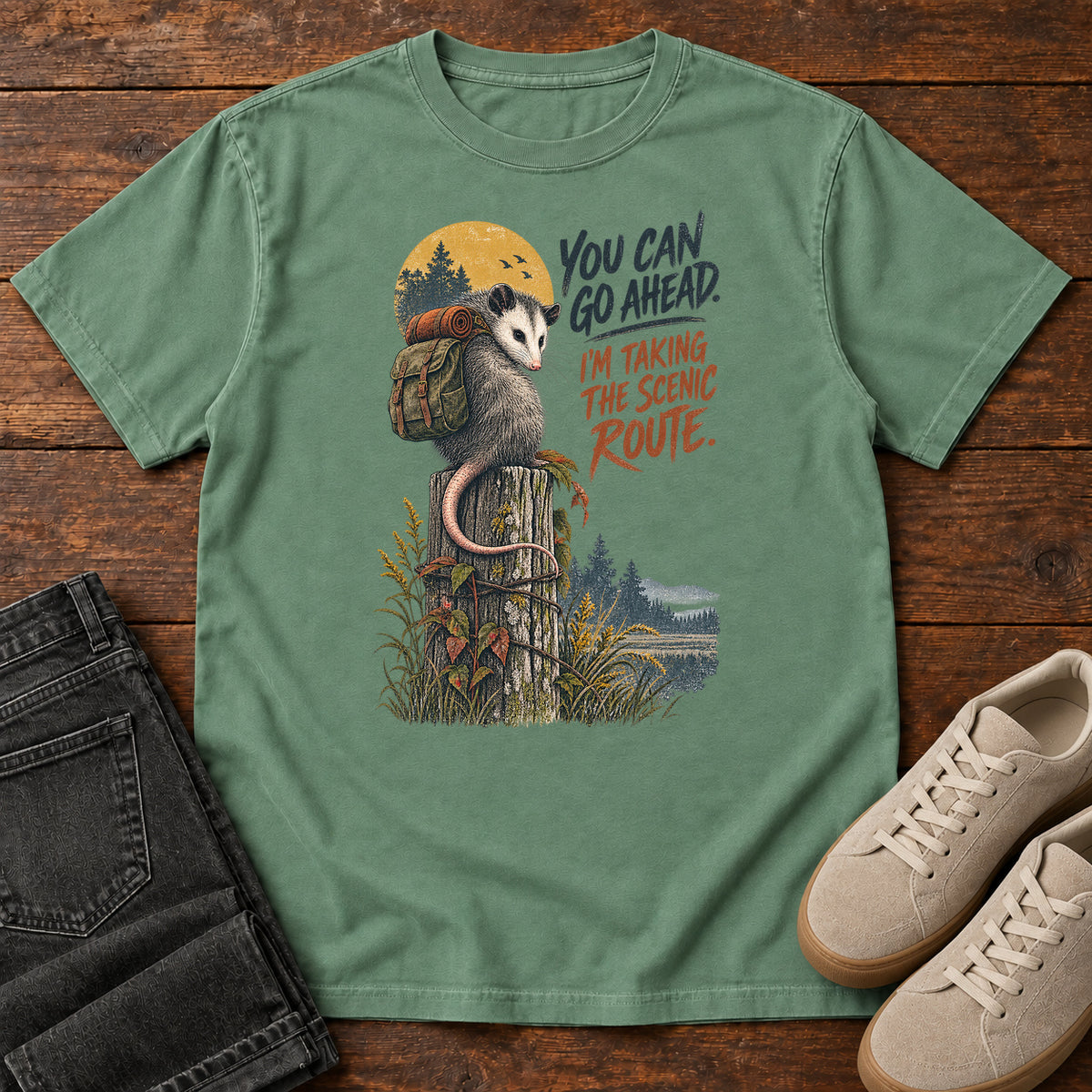 You Can Go Ahead I'm Taking the Scenic Route Opossum T-Shirt in Light Green