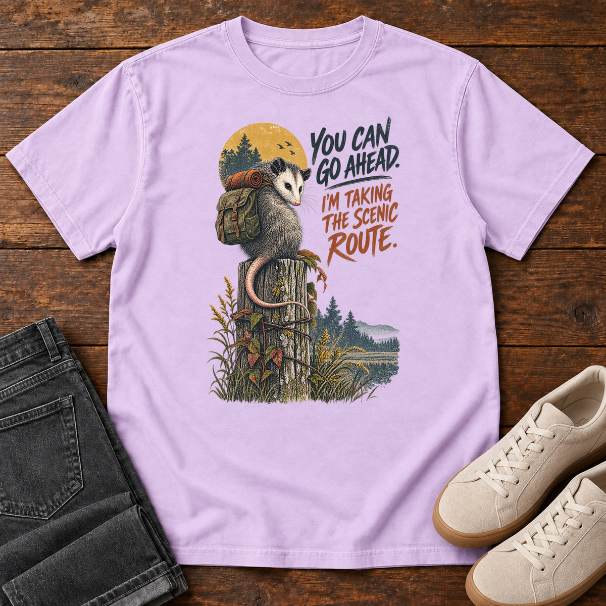You Can Go Ahead I'm Taking the Scenic Route Opossum T-Shirt in Orchid