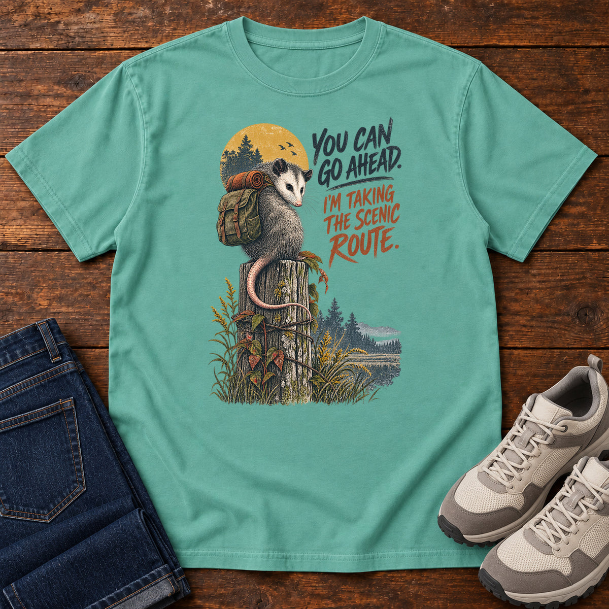 You Can Go Ahead I'm Taking the Scenic Route Opossum T-Shirt in Seafoam