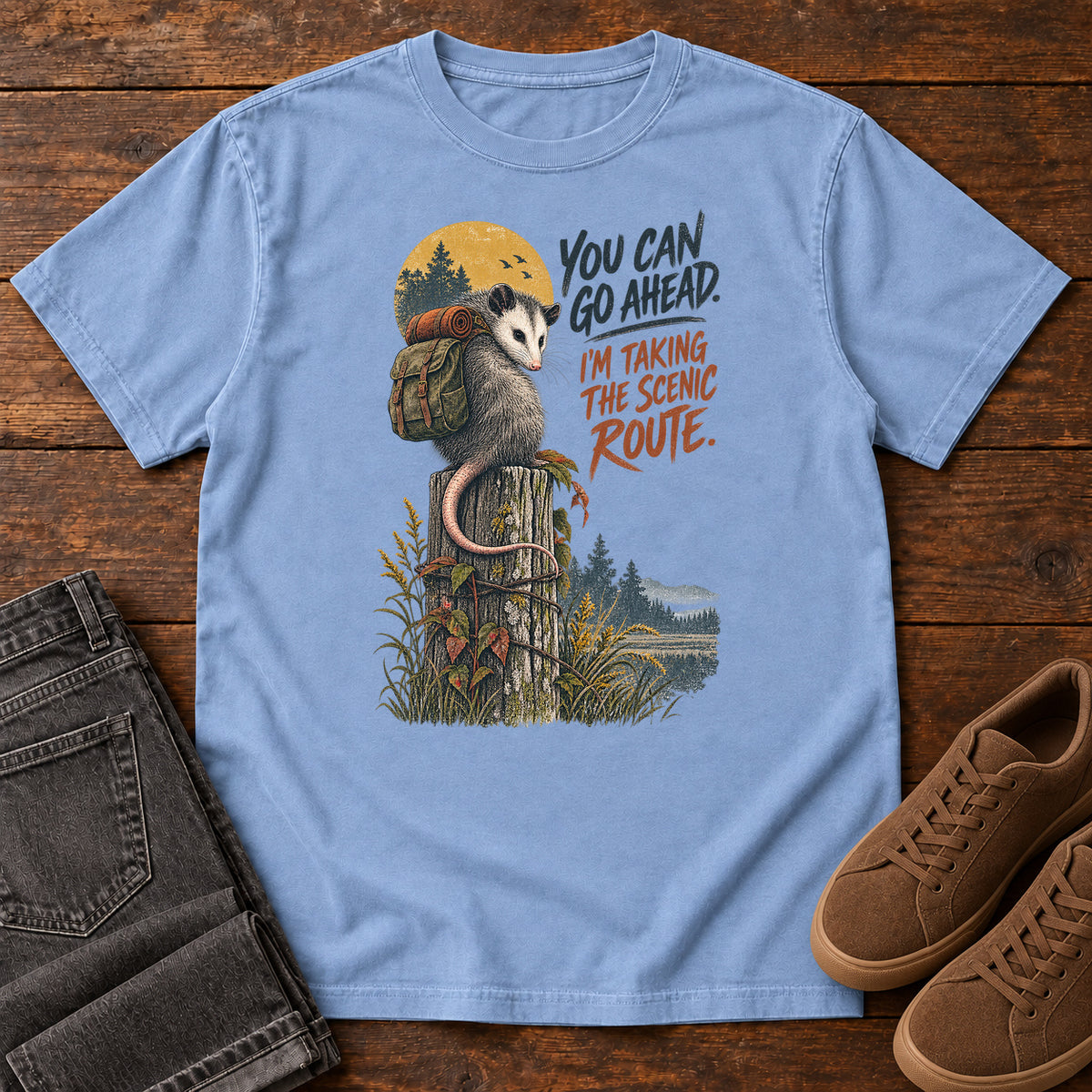You Can Go Ahead I'm Taking the Scenic Route Opossum T-Shirt in Washed Denim