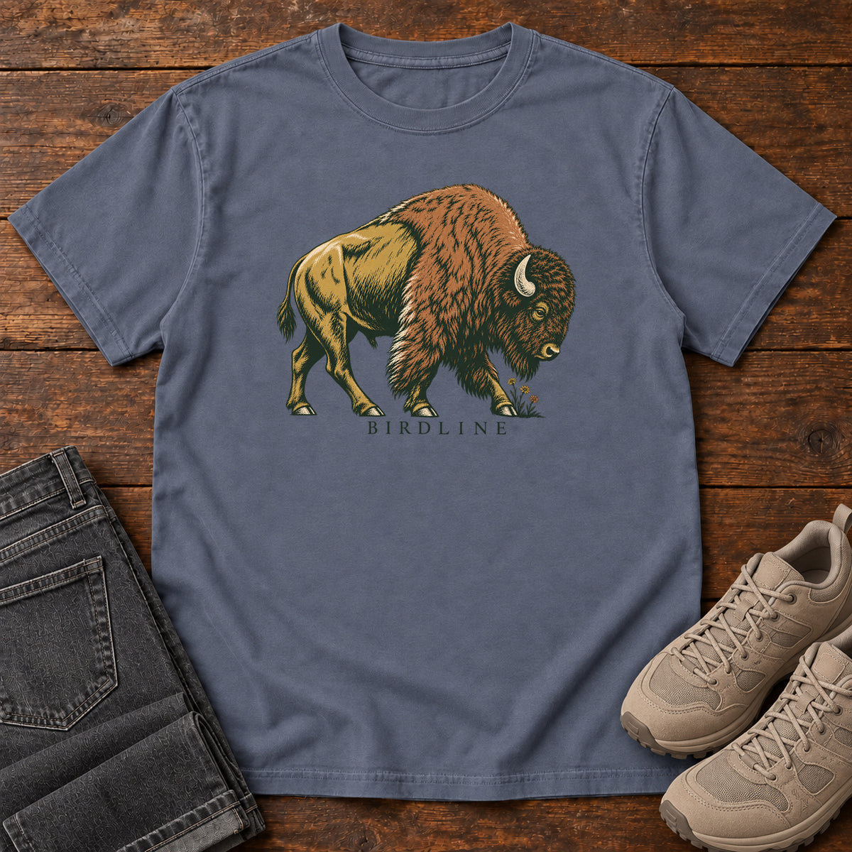 Bison Birdline T-Shirt in Denim, front view