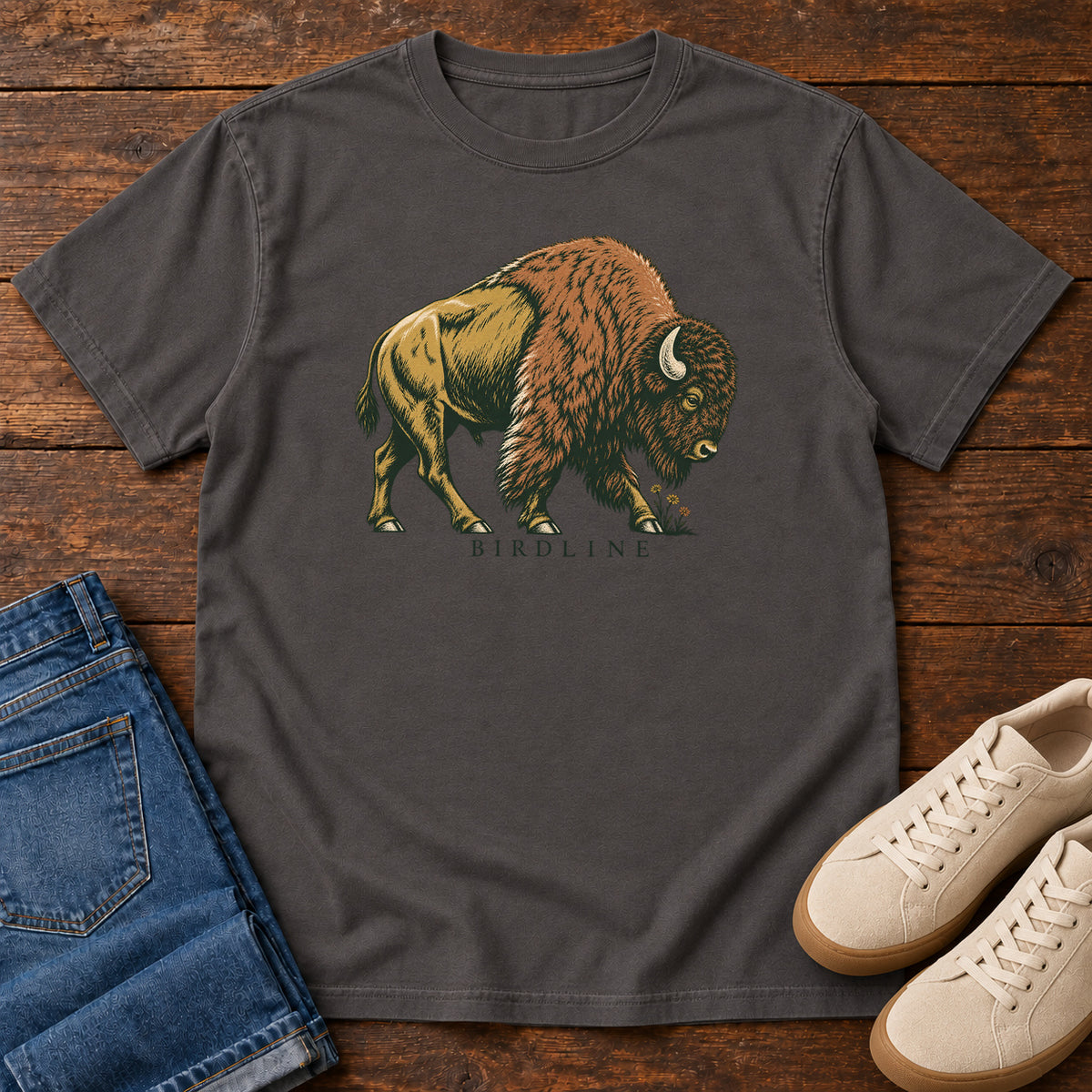 Bison Birdline T-Shirt in Graphite, front view