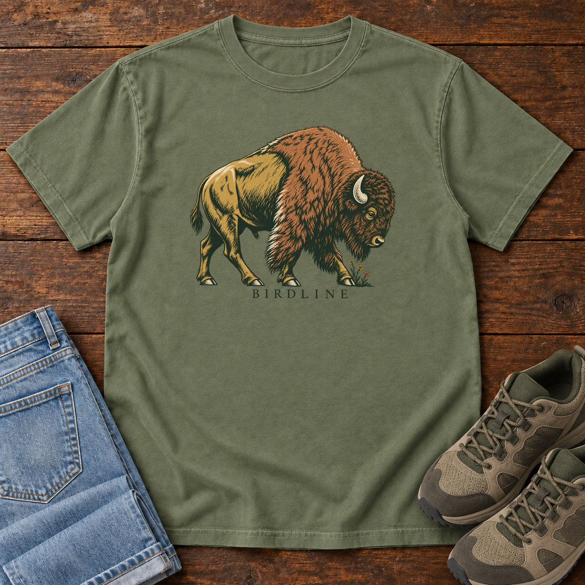 Bison Birdline T-Shirt in Moss, front view